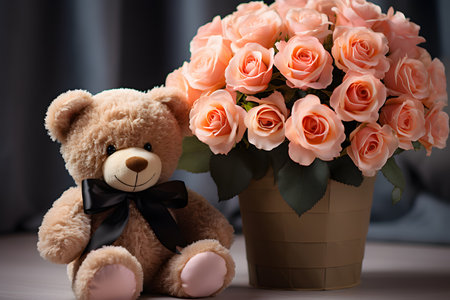 Valentine's day concept with cute toy bear with red roses in the living roomの素材