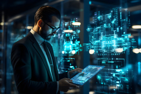 Businessman is using ai working on tablet, business technology, Internet of Things, Ai software development concept or developing coding programmer for mobile appsの素材