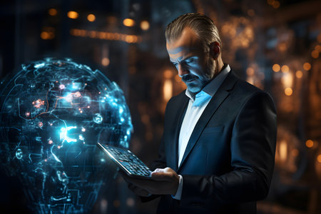 Businessman is using ai working on tablet, business technology, Internet of Things, Ai software development concept or developing coding programmer for mobile appsの素材