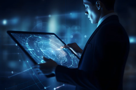 Businessman is using ai working on tablet, business technology, Internet of Things, Ai software development concept or developing coding programmer for mobile appsの素材