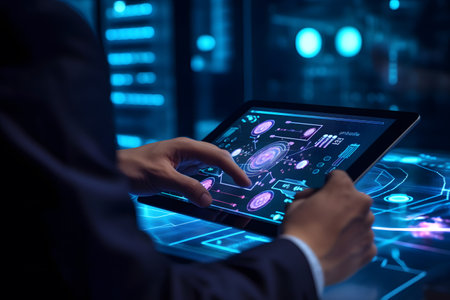 Businessman is using ai working on tablet, business technology, Internet of Things, Ai software development concept or developing coding programmer for mobile appsの素材