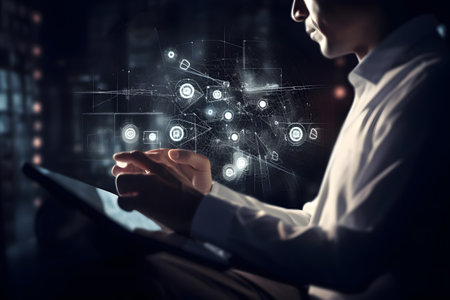 Businessman is using ai working on tablet, business technology, Internet of Things, Ai software development concept or developing coding programmer for mobile appsの素材