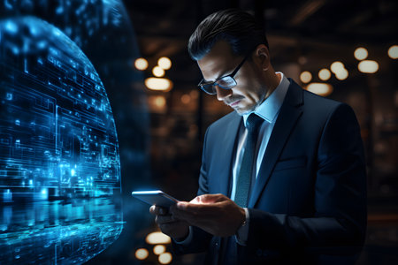 Businessman is using ai working on tablet, business technology, Internet of Things, Ai software development concept or developing coding programmer for mobile appsの素材