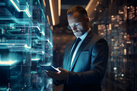 Businessman is using ai working on tablet, business technology, Internet of Things, Ai software development concept or developing coding programmer for mobile appsの素材