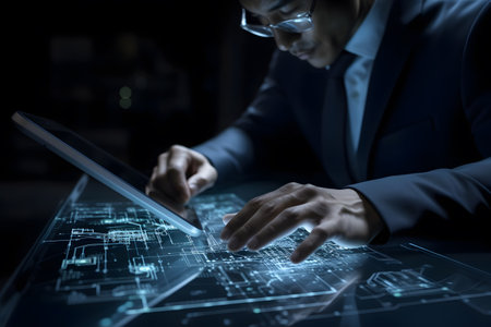 Businessman is using ai working on tablet, business technology, Internet of Things, Ai software development concept or developing coding programmer for mobile appsの素材