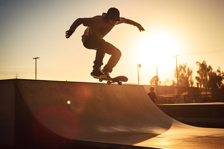Male skater doing kickflip on the ramp at skate parkの素材