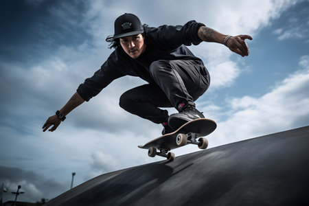 Male skater doing kickflip on the ramp at skate parkの素材