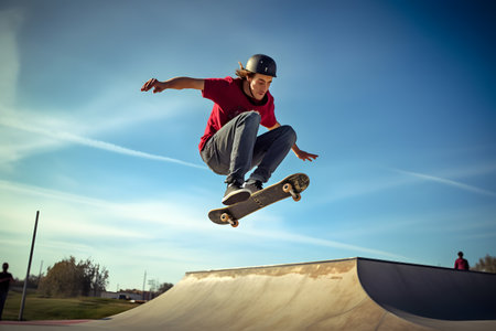 Male skater doing kickflip on the ramp at skate parkの素材
