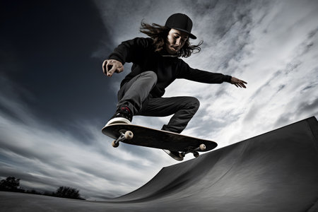 Male skater doing kickflip on the ramp at skate parkの素材