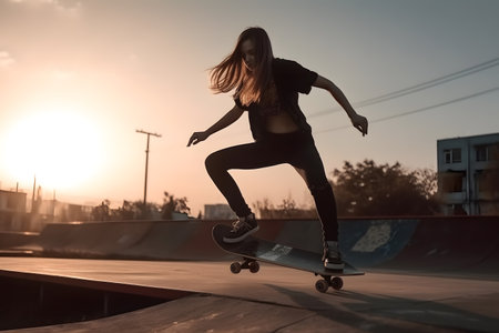 Female skater doing kickflip on the ramp at skate parkの素材