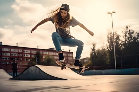 Female skater doing kickflip on the ramp at skate parkの素材