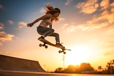 Female skater doing kickflip on the ramp at skate parkの素材