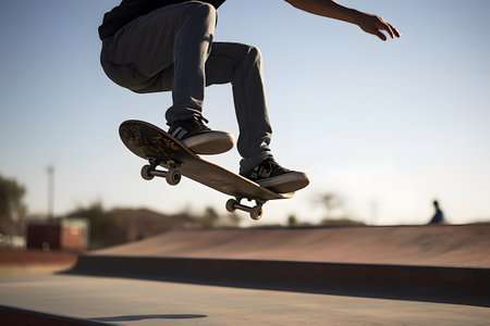 Male skater doing kickflip on the ramp at skate parkの素材