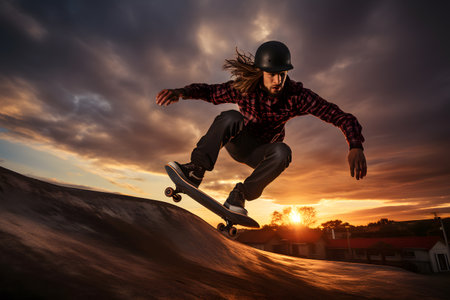 Male skater doing kickflip on the ramp at skate parkの素材
