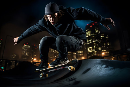 Male skater doing kickflip on the ramp at skate parkの素材