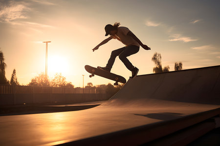 Male skater doing kickflip on the ramp at skate parkの素材