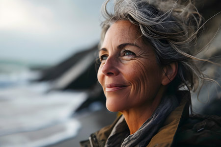 happy middle aged woman smiling with serenity with the beach background with her hair blowing in the breezeの素材