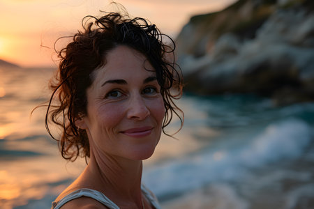 happy middle aged woman smiling with serenity with the beach background with her hair blowing in the breezeの素材