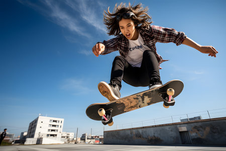 Female skater doing kickflip on the ramp at skate parkの素材