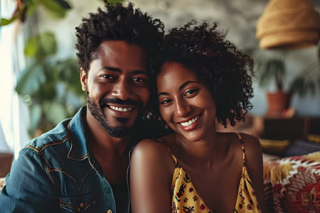 Portrait of happy diverse mature couple sitting on couch embracing in sunny living roomの素材