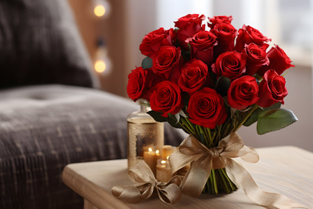 a bouquet of red roses sits on a living room with candle light for romantic environmentの素材