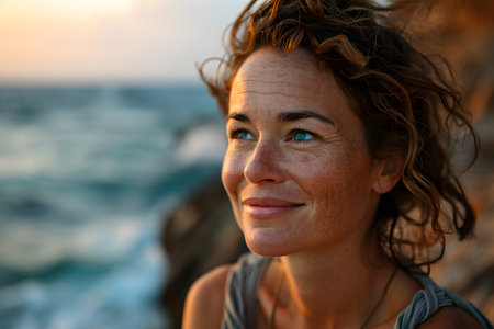 happy middle aged woman smiling with serenity with the beach background with her hair blowing in the breezeの素材