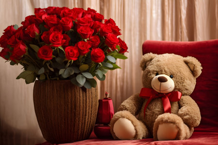 Valentine's day concept with cute toy bear with red roses in the living roomの素材