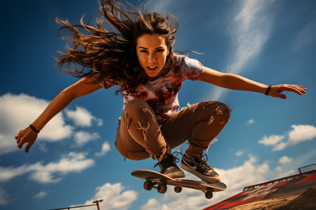 Female skater doing kickflip on the ramp at skate parkの素材