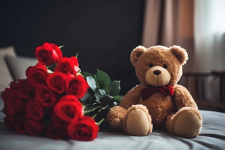 Valentine's day concept with cute toy bear with red roses in the hotel roomの素材