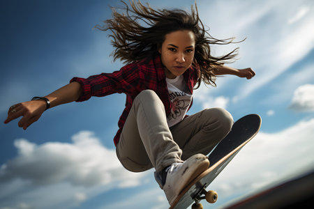 Female skater doing kickflip on the ramp at skate parkの素材
