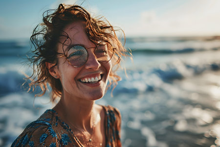 happy middle aged woman smiling with serenity with the beach background with her hair blowing in the breezeの素材