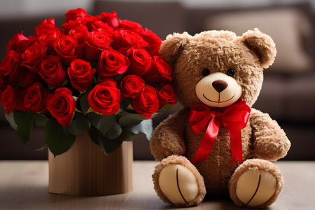 Valentine's day concept with cute toy bear with red roses in the living roomの素材