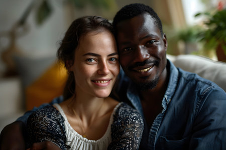 Portrait of happy diverse mature couple sitting on couch embracing in sunny living roomの素材