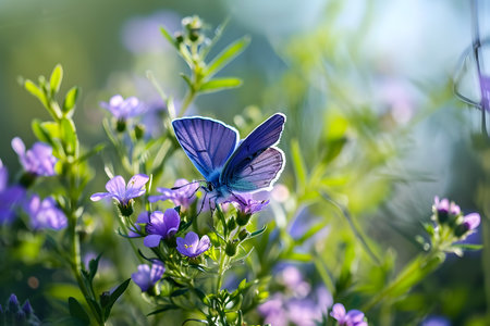 Beautiful violet butterfly rest on a wild flower in natural during spring timeの素材