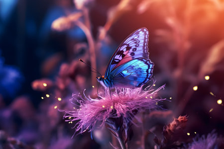 Beautiful violet butterfly rest on a wild flower in natural during spring timeの素材