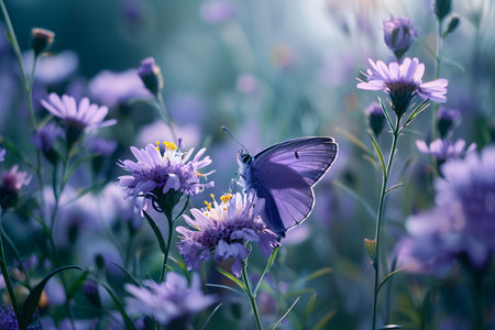 Beautiful violet butterfly rest on a wild flower in natural during spring timeの素材