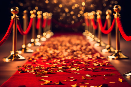 Red carpet with barrier lead toward a stage with falling golden confetti for award ceremony backgroundの素材