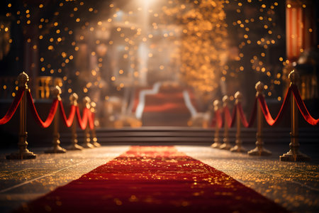 Red carpet with barrier lead toward a stage with falling golden confetti for award ceremony backgroundの素材