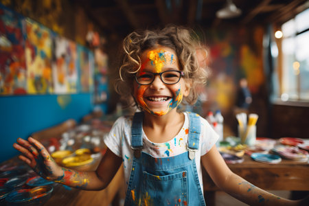 Smiling child with stained t-shirt and colorful paints on hands looking into the camera with playful look, child creativityの素材