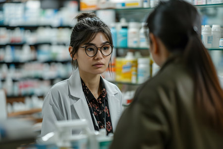 Cheerful female pharmacist is talking to a customer over a counter at pharmacy storeの素材