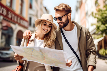 Happy couple tourists sightseeing city with map, looking for direction and point of interest.の素材