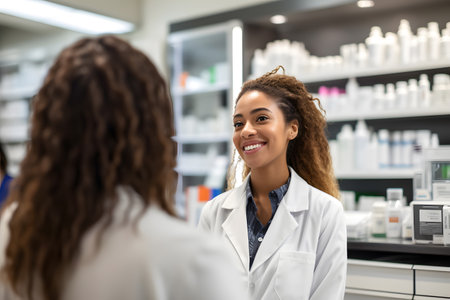 Cheerful female pharmacist is talking to a customer over a counter at pharmacy storeの素材