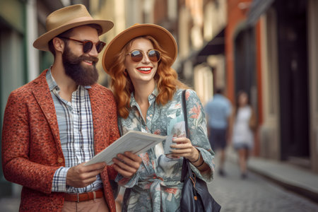Happy couple tourists sightseeing city with map, looking for direction and point of interest.の素材