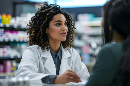 Cheerful female pharmacist is talking to a customer over a counter at pharmacy storeの素材