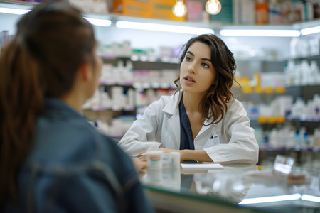Cheerful female pharmacist is talking to a customer over a counter at pharmacy storeの素材