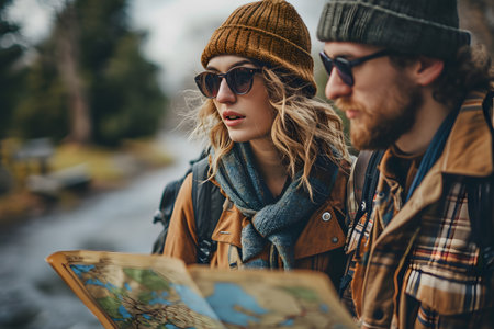 Happy couple tourists sightseeing city with map, looking for direction and point of interest.の素材