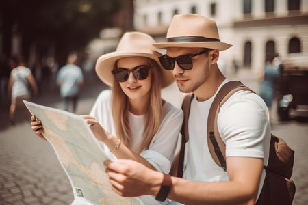 Happy couple tourists sightseeing city with map, looking for direction and point of interest.の素材