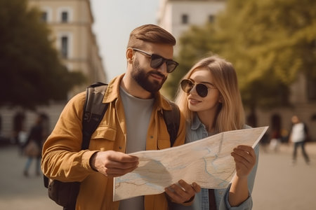 Happy couple tourists sightseeing city with map, looking for direction and point of interest.の素材
