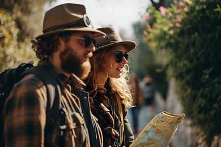 Happy couple tourists sightseeing city with map, looking for direction and point of interest.の素材