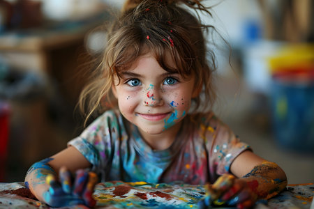 Smiling child with stained t-shirt and colorful paints on hands looking into the camera with playful look, child creativityの素材